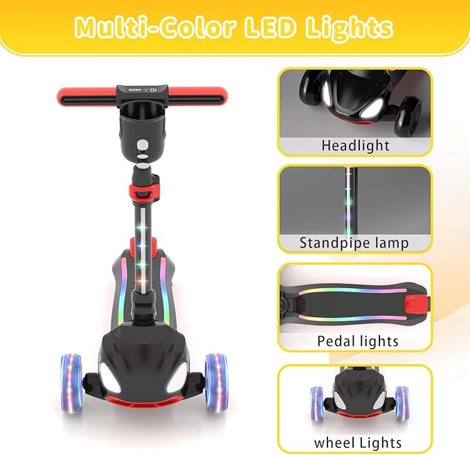 SIMATE Electric Scooter for Kids Ages 3+, 3 Wheel Balance Scooter, 3 Adjustable Heights, Foldable & LED Display & Thumb Throttle, Long Battery Life, Full Body Lights Up, Gift for Kids Boys Girls