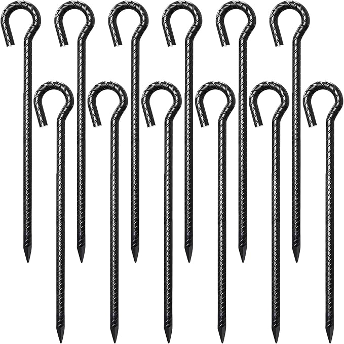 16 Inch Rebar Stakes 1/2" Diameter 12 Pack Heavy Duty Tent Stakes with Loop | Ground Anchors for Camping Canopy, Tent, Trampoline, Garden Tree Support, Holiday Decor, Dog Tie Out, Black