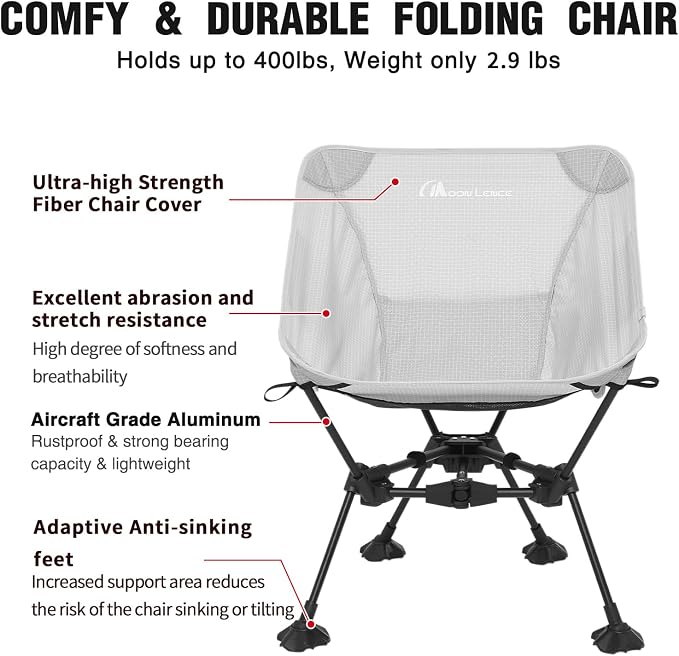 MOON LENCE Portable Camping Chair，Lightweight Backpacking Hiking Chairs,Compact,Foldable,with Anti-Sinking Large Feet for Beach,330 lbs Capacity (Grey, Standard)