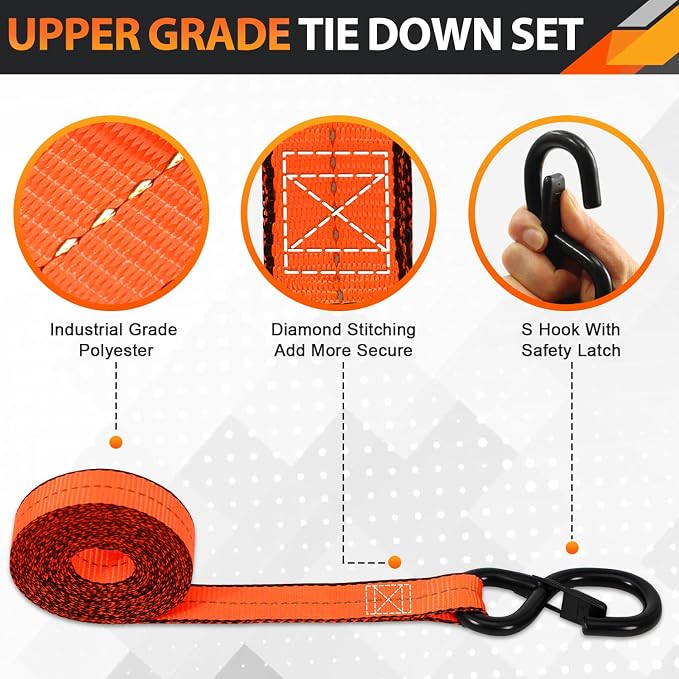 Ratchet Tie Down Straps Set, 2100 LBS Breaking Strength, 4 Pack 1" x 15' Heavy Duty Ratchet Straps, Cargo Strap, Motorcycle Straps for Trucks, Bicycle, Kayak, Moving, Tie Downs with S Hooks, Orange