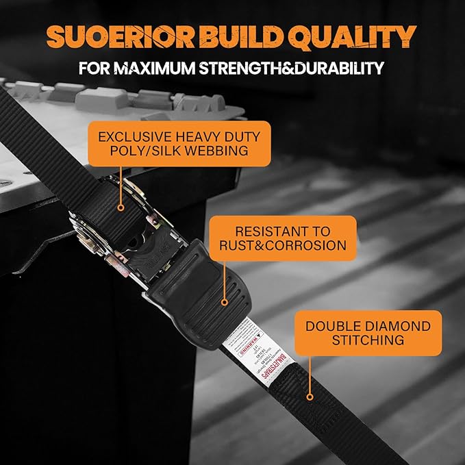 20FT Heavy Duty Ratchet Straps 4-Pack - 1 Inch 1750lb Break Strength Tie Downs for Flatbed Trailers & Large Equipment | Black Industrial Webbing Straps