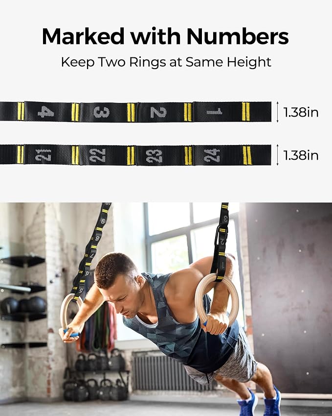 PACEARTH Gymnastics Rings 32mm Wooden Olympic Rings Support 1500lbs Locked Carabiners 9ft Double-Layer Numbered Straps Non-Slip Gym Rings with Foot Straps Door Anchor for Home Gym Full Body Workout