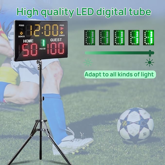 Portable Digital Scoreboard with Remote, LED Electronic Score Keeper, Battery Powered Basketball Score Board, Outdoor Scoreboard for Indoor Outdoor Courts & Sports Events