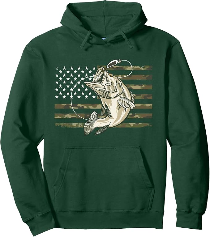 Fishing Camouflage US American Flag Bass Fish Fisherman Camo Pullover Hoodie