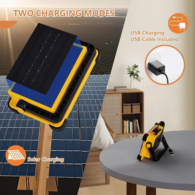 120W LED Solar Work Light, 144 LED 10000LM Portable Flood Light with Stand, 4 Modes Rechargeable, IP65 Waterproof Outdoor Working Light for Camping, Fishing, Car Repair & Mechanics (Yellow)