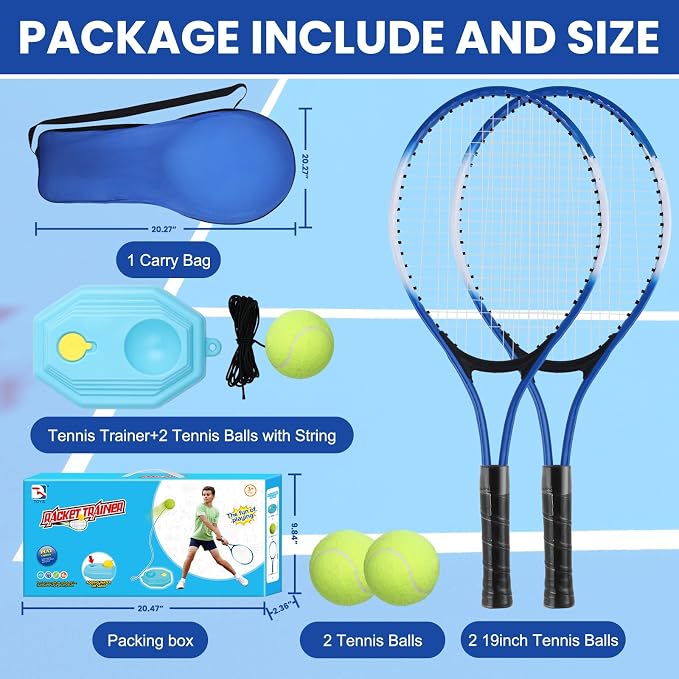 Kids Tennis Rackets Training Set - 7-in-1 Youth Tennis Racket Set, 2 pcs 19″ Rackets,1Tennis Trainer & 2Rebound Balls&1tennis Ball,Tennis Racquet Set for Beginners & Family Activities