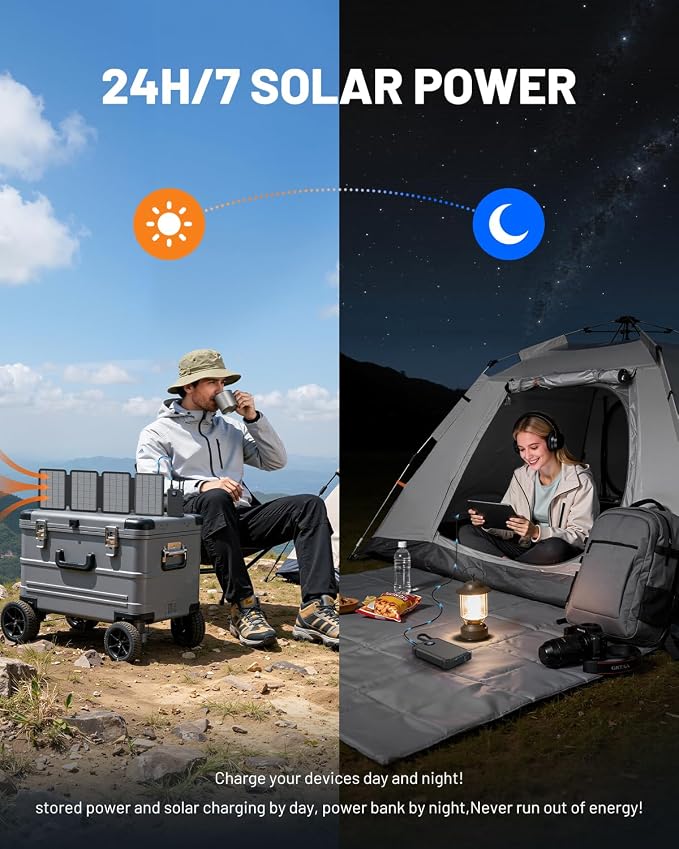 Solar Power Bank 10000mAh with 4 Panel Foldable Solar Charger,Portable Charger with 3 Built-in Cables, 15W Wireless Charging, USB-C in/Outputs, Emergency Flashlight for Outdoor Camping Hiking