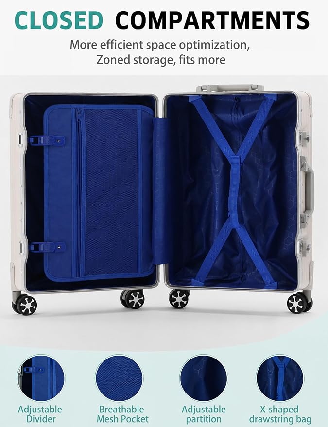 20 Inch Carry On Luggage with Aluminum Frame, Zipperless PC Hard Shell Suitcase with TSA Lock & 360° Spinner Wheels, Airline Approved Carry-On, White