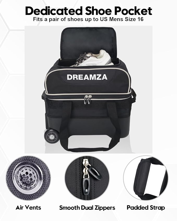 Single Bowling Ball Bag with Wheels, Deluxe Rolling Bowling Bags 1 Ball and Shoes Pocket w/Molded BallCup, Bonus Storage Bag, 40" Retractable Handle - Large 1 Ball Bowling Bags with Wheels