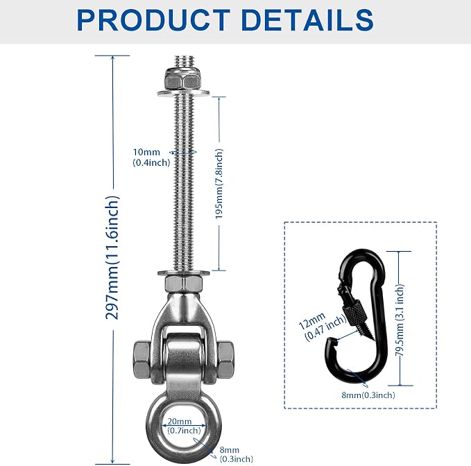 4-Pack Stainless Steel Swing Hangers Kit with 1500 LBS Load Capacity, Silent 180° Swing Heavy Duty Hanging Hardware with Carabiners for Porch Swing, Hammock, Sandbag, Indoor Outdoor Use