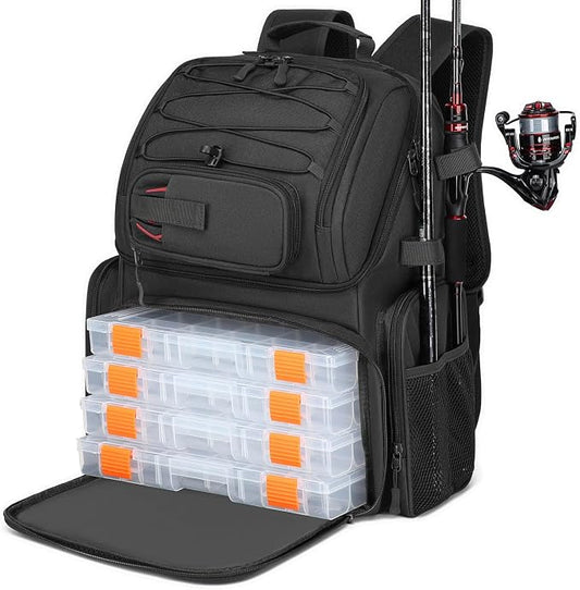 HAMBOLY Fishing Backpack with Tackle Boxes, 50L Fishing Tackle Bag with Cooler & Rod Holders, Waterproof Tackle Bag for Men