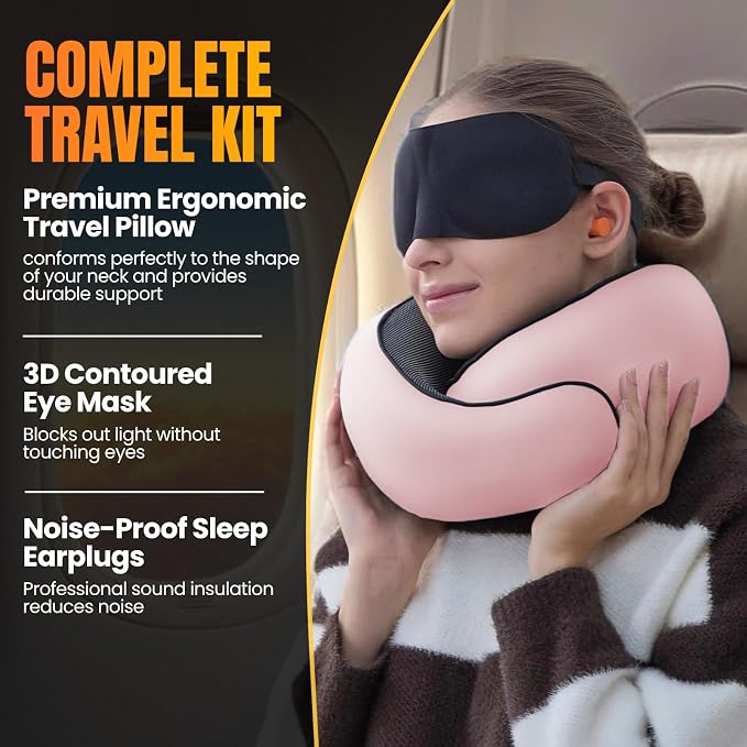 LOEXAIR™ Travel Pillow, Neck Pillow Travel for Airplane, Car - 100% Cotton Fabric & Memory Foam Plane Pillow, Lightweight & Easy-to-Carry on Flight, Full Travel Set (Eye Mask, Earplugs) - Sakura Pink
