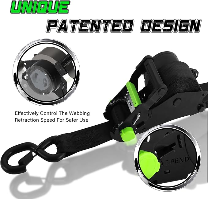 Retractable Ratchet Straps (2pk) -Patented | 1.5 in x 16 ft Heavy Duty Auto Ratchet Straps with Soft Loops | Perfect Automatic Tie Downs for Motorcycle,Kayak and Truck | Break Strength 5,000LBS/2268KG
