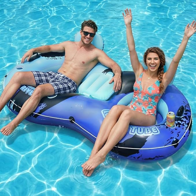 Heavy Duty 2 Person Floats for Adults, 91" X 50" Inflatable River Tube, Adult Floats for Lake, Swimming Tubes with Backrests, 2 Cup Holders, Storage Compartment