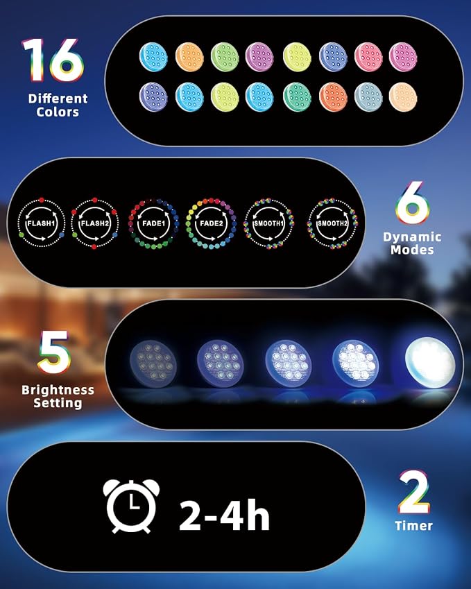 Pool Lights, 2024 Upgraded Rechargeable Submersible LED Lights with Remote, 16 Colors IP68 Waterproof Underwater Light for Inground Pool Above Ground, Aquarium, Hot Tub