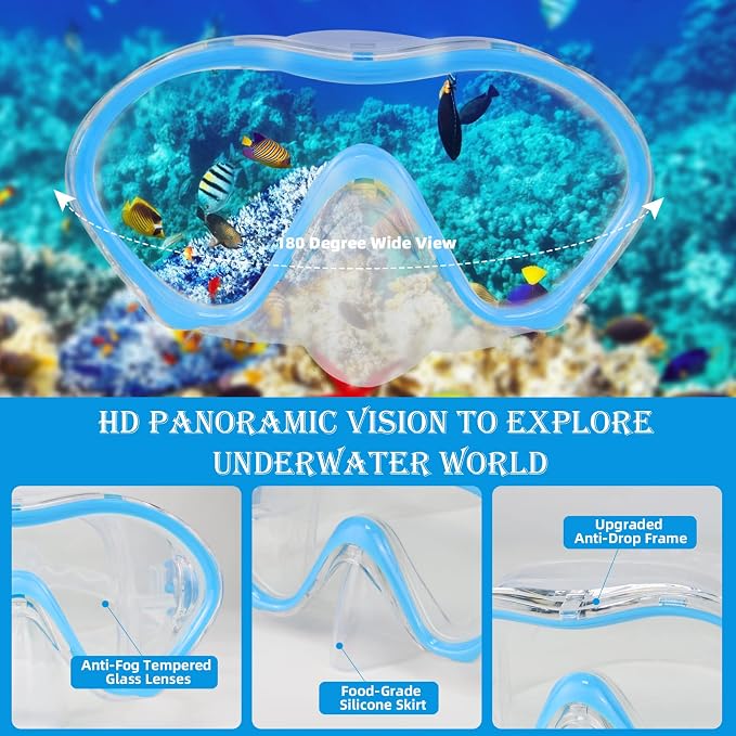 Kids Snorkeling Set - Adjustable Flippers + Panoramic Snorkel Mask + Dry Snorkel Tube + Travel Bags - Suitable for Kids & Juniors, Age 5-14