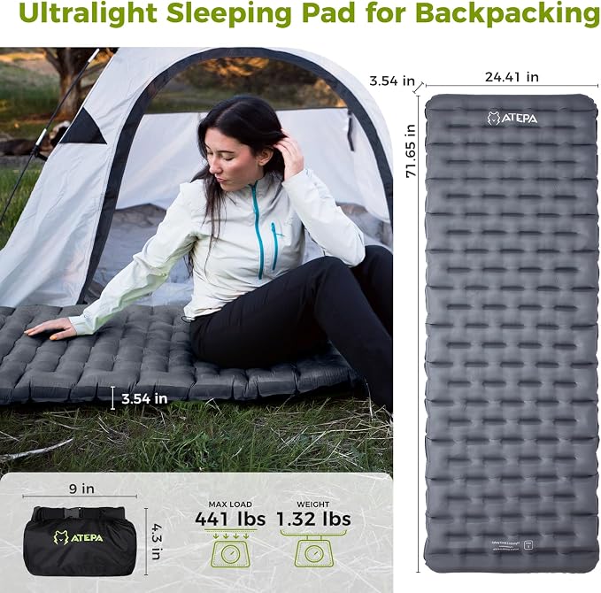 ATEPA ThermAir Ultralight Sleeping Pad for Camping & Backpacking, 5 R-Value Insulated Inflatable Air Mattress with Pump Sack, Compact 3.5” Thick Sleeping Mat, Wide Long Size