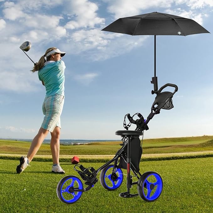 GYMAX Foldable 3-Wheel Height Adjustable Lightweight Golf Caddy Cart with Umbrella Holder, Hydraulic Seat, Storage Bag & Cup Holder