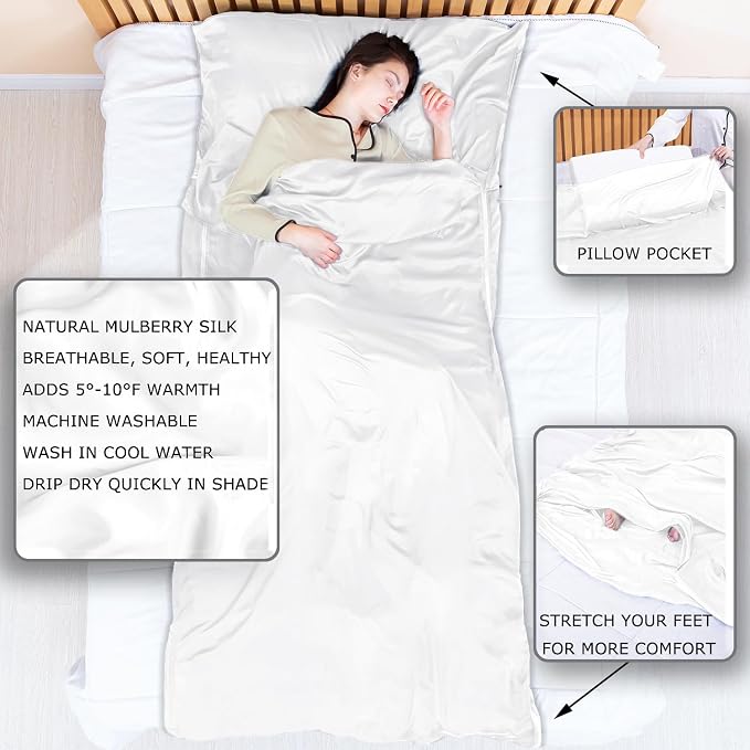 100% Silk Sleep Sack with Zippers on 3 Sides, 87”x43” Large Sleeping Liners for Hotels, Travel & Camping, Multifunctional Travel Sheets (Unzipped:87”x87”) for Adults, Lightweight, All Seasons