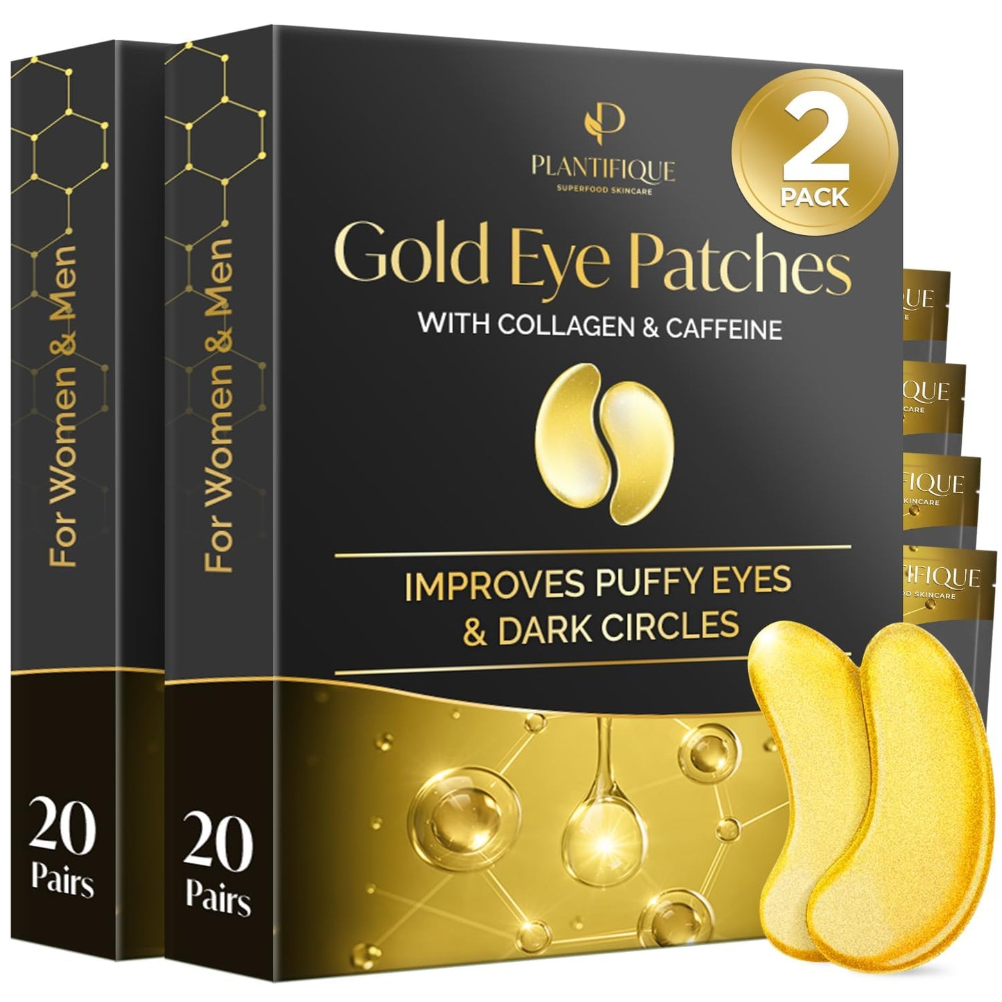 PLANTIFIQUE Gold Under Eye Patches for Puffy Eyes 40 Pairs | Under Eye Masks for Dark Circles | Puffiness Eye Gels with Collagen & Caffeine | Anti Aging Gold Eye Mask Skincare