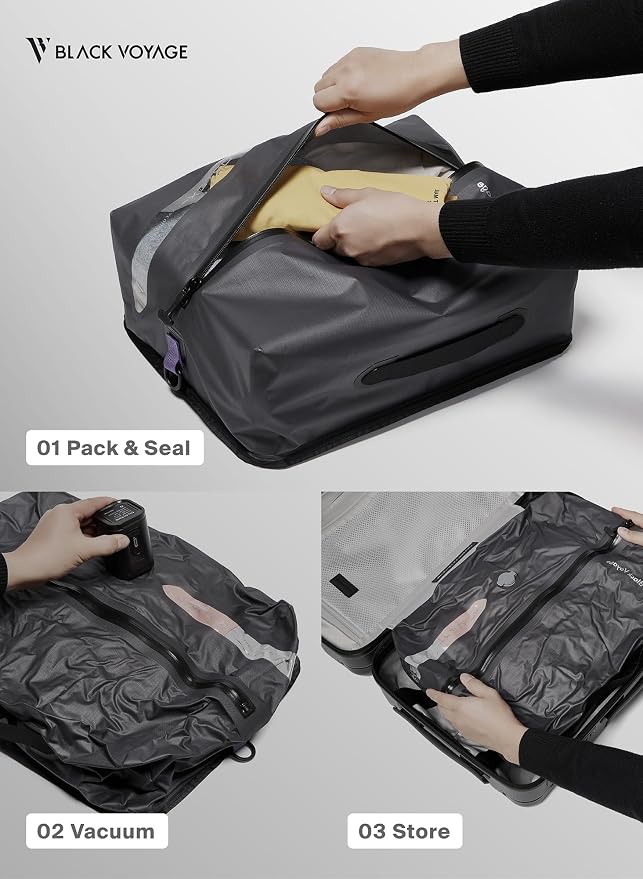 Black Voyage Reusable Vacuum Compression Travel Bag for Carry-On Suitcase and Backpack, Recycled IPX8 Waterproof Space Saver Vacpack (3-Pack, 18L - No Pump)