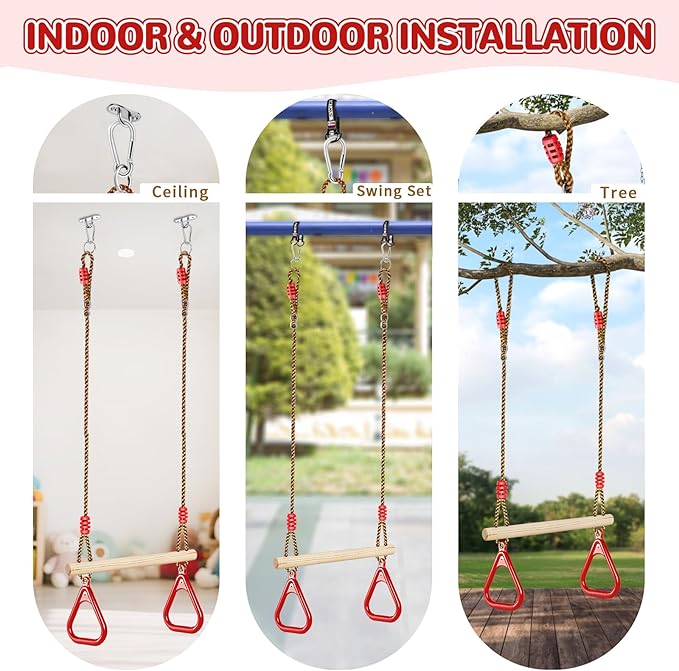 LadyRosian Wooden Trapeze Swing Bar, Adjustable Height Swing Set, Gym Rings, Playground Attachments, 16.5" Monkey Bar for Backyard, Playground, Playroom (Red)