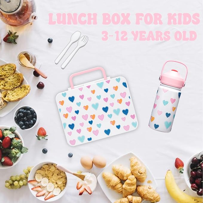 Kids Bento Lunch Box with 6 Compartments Girls Lunch Box with Lunch Bag,Stainless Steel Water Bottle,Ice Pack & Utensils Set,Birthday Gifts for Ages 3-12 Back to School Toddler Girls