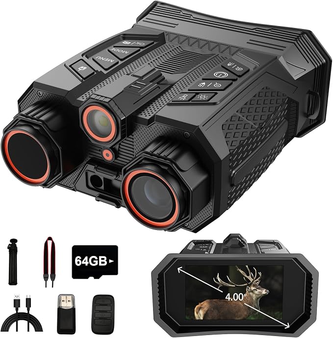 4K Night Vision Goggles with Rangefinder | 16X Zoom Night Vision Binoculars, 4'' LCD Screen with Infrared, 10000mAh Rechargeable Battery, 64GB TF Card, Video and Sound Recording for Camping, Black