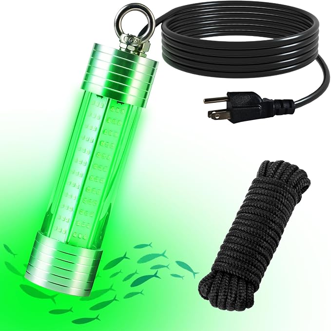 150W 20000LM Green Underwater Fishing Light,Submersible LED Light with Tow Rope for Dock Boat Shore Night Fishing,Fresh & Salt Water Fish Attractor Light 33ft Cable