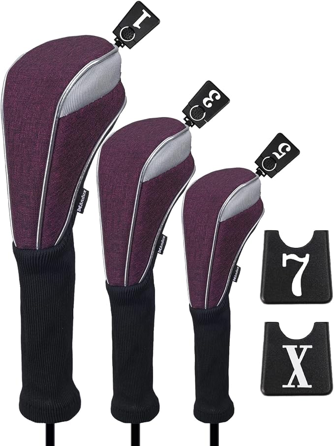 Andux 3pcs/Set Nylon Golf Wood Club Head Covers with Long Neck | for 460cc Driver Fairway Wood Club Silver Piping Pull-On Closure