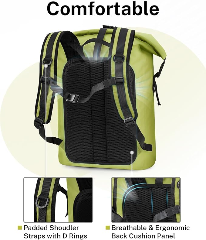 Gonex Ultralight Waterproof TPU Backpack, 35L Roll Top Dry Bag with Comfortable Padded Back Panel for Kayaking Boating Camping Fishing Travel,Green