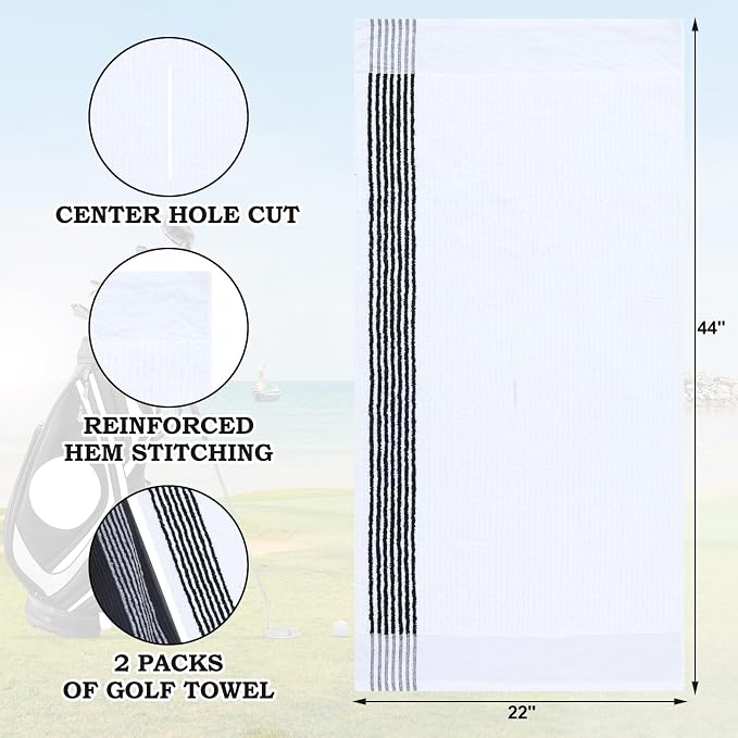 Vabean 2 Pcs 22 x 44 Large Golf Towel Caddie Style Center Cut Caddy Hanging Fast Drying Golf Club Cotton and Polyester Blend Camping Towels(Black-White, Dark Gray-White)