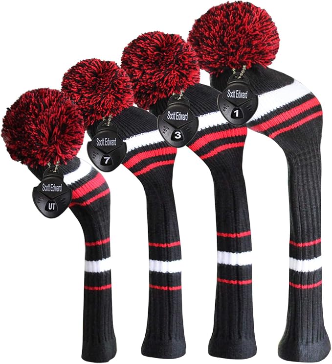 Scott Edward Golf Club Head Covers Set of 4, Acrylic Yarn Double-Layers Knitted, with Rotatable Number Tags