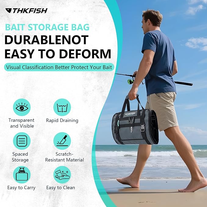 THKFISH Big Bait Bag, Roll-Up Large Trolling Lure Bag for Big Baits with 7 or 8 Heavy Duty PVC Protective Cover Pockets, Mesh Cleaning & Drying Tabs