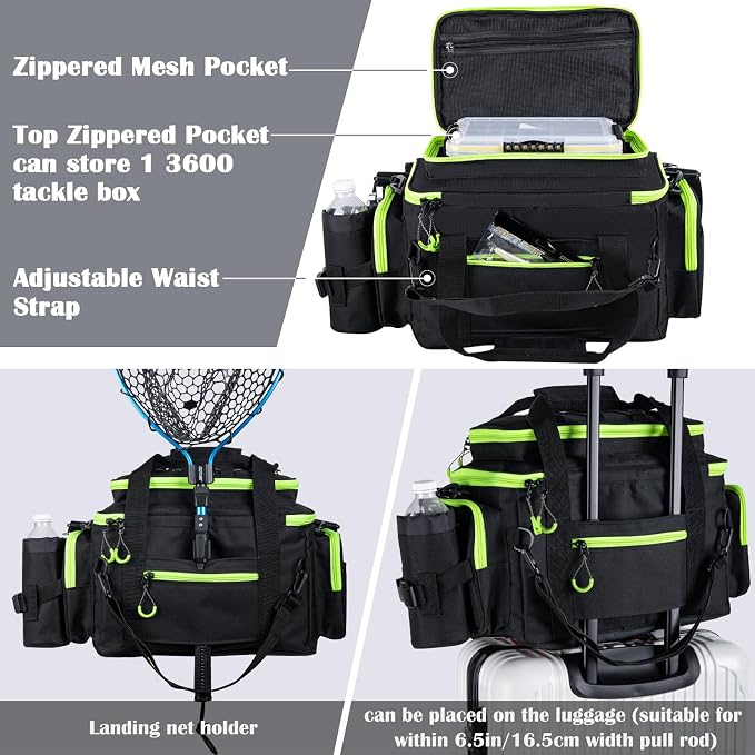 Goture Fishing Tackle Bag with 4PCS 3600 Tackle Boxes | 600D Water-Resistant, Rod Straps, Detachable Bottle Pouch,Waterproof Bottom, Freshwater & Saltwater Gear Storage Fishing Bag