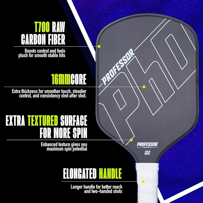 Professor PhD Raw Carbon Fiber Premium Pickleball Paddle Racket - USA Pickleball Approved - Honeycomb Core - Power & Control