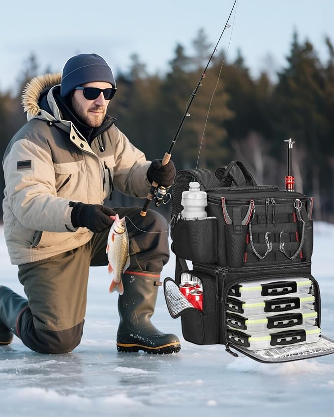 MATEIN Fishing Backpack with 4 Tackle Boxes, Fishing Bag with Rod Holder | 3600 Tackle Box 4 Pack, Water Resistant Tackle Backpack with Cooler Compartment, Safety Compass, Gifts for Fishermen