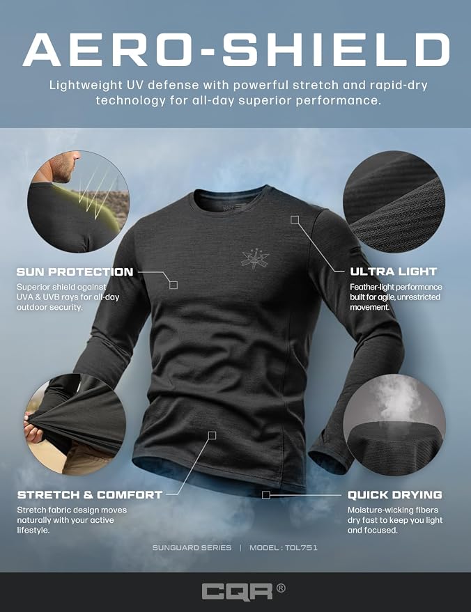 CQR Men's UPF 50+ Sun Protection Long Sleeve Quick Dry Athletic Shirts, Stretch Running Workout Hiking T-Shirts