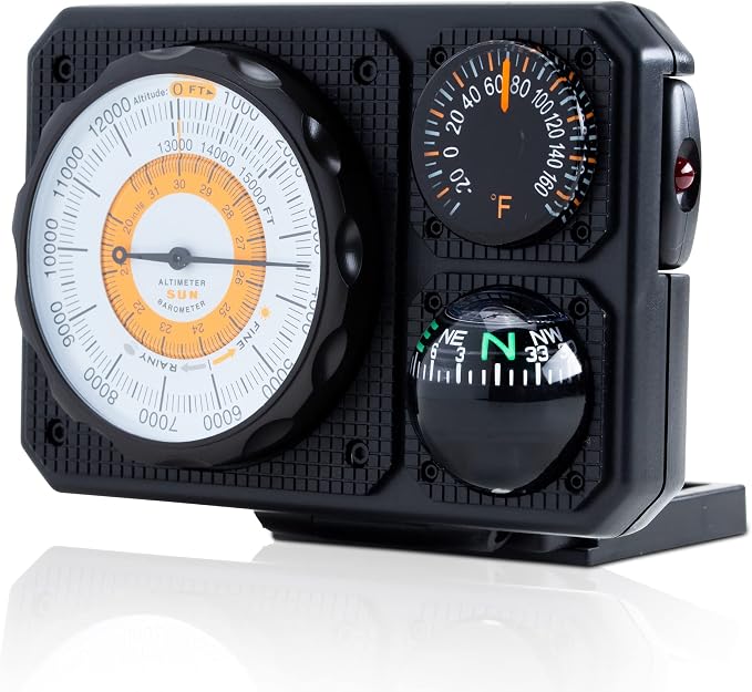 Sun Company Navigat'r 6 - Six-Function Dashboard Instrument for Car and Truck | Altimeter, Barometer, Ball Compass, Thermometer, LED Light, Signal Mirror