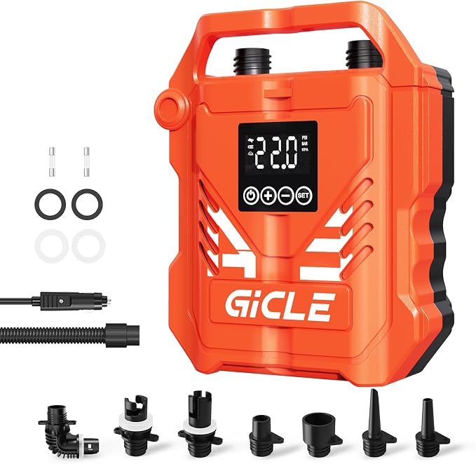 GICLE Paddle Board Pump Electric Portable with 12V DC Car Connector,22PSI Electric SUP Pump for Inflatebles Paddleboard,Bed,Mattress with Dual Stage Inflation and Boat Accessories
