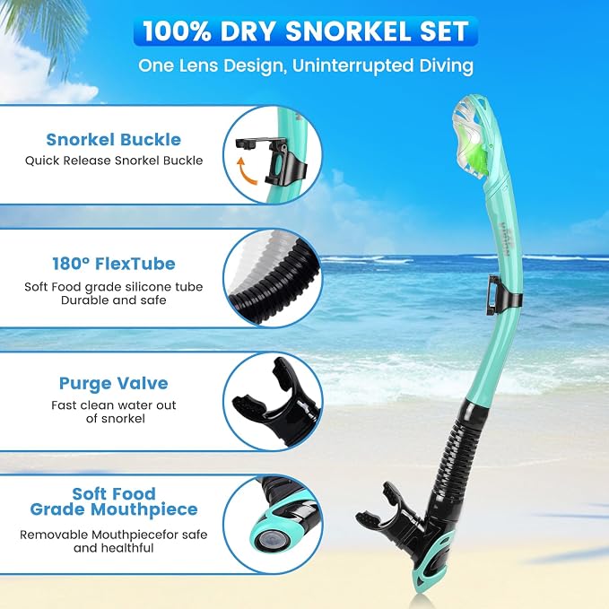 2 Pack Snorkel Mask for Adults - 180° Panoramic View, Anti-Fog Shatterproof PC Lens, Dry Snorkel Set for Diving, Swimming & Travel