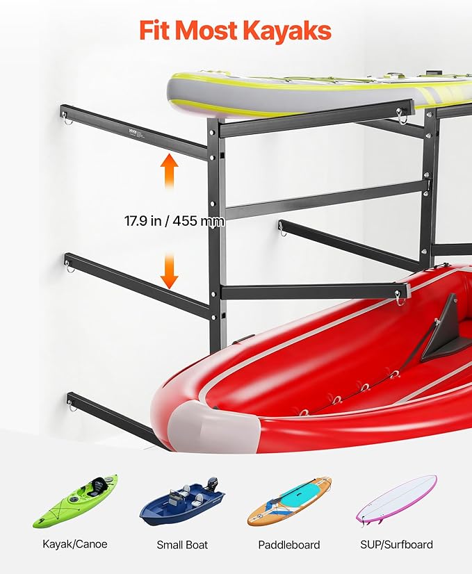 VEVOR Kayak Storage Rack, Heavy Duty Adjustable Freestanding Stand with Lockable Wheels for Indoor Outdoor Garage Shed Dock, Holder for Canoe, SUP, Surfboard & Paddleboard