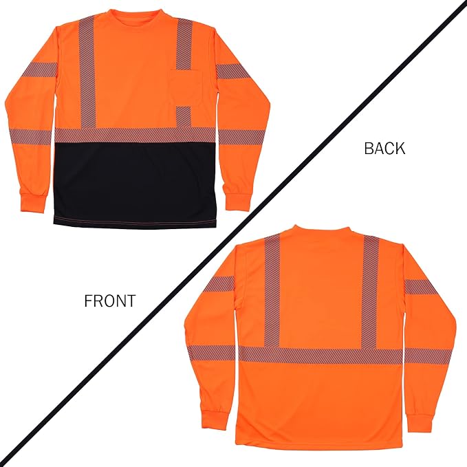 VENDACE 3 Pcs Safety T Shirts Reflective High Visibility Hi Vis Long Sleeve Construction Work Shirts for Men (Orange,XL)
