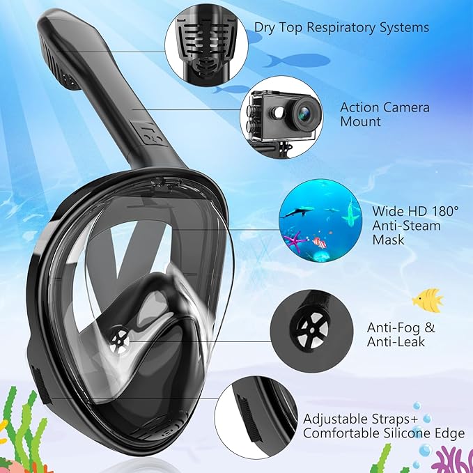 Kids Snorkel Mask Full Face, Snorkeling Gear for Kids with Camera Mount, 180 Degree Panoramic View Snorkeling Set Anti-Fog Anti-Leak
