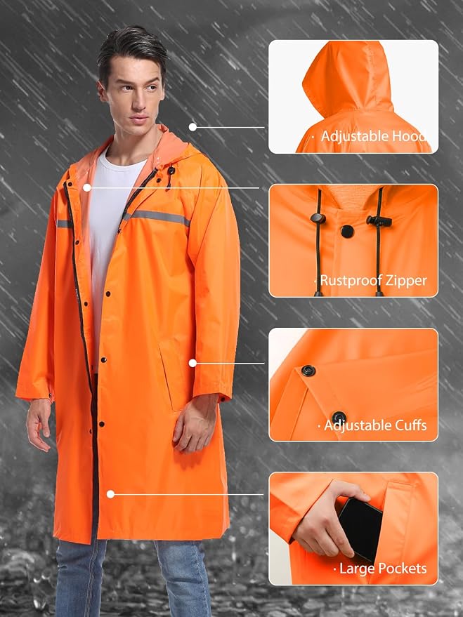 Mens Long Hooded Safety Rain Jacket Waterproof Emergency Raincoat Poncho