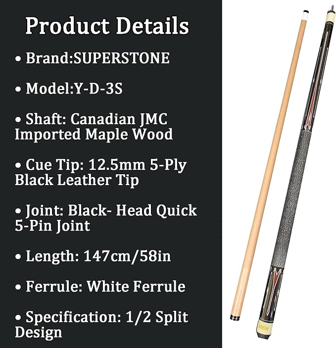 SUPERDIAMOND Pool Cue Stick Set Billiard Cue Sticks with Hard Case, 2-Pieces 58" Pool Table Sticks, 12.5 mm Tip Pool Queue,Pool Stick Set for Home Recreation, Billiards Clubs, Training