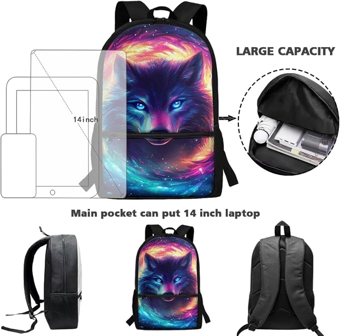 Kids School Bag Wolf Backpack for Girls Bookbag with Lunch Box and Water Bottle Holder Pencil Case 4 Piece Back to School Supplies