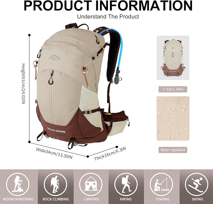 IX INOXTO Hiking Backpack, Camping Backpack, 30L Waterproof Hiking Daypack with 3L Water Bladder and Rain Cover (Khaki)