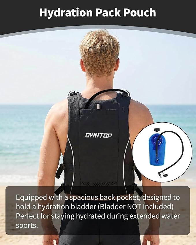 Owntop Swim Jacket Adult Youth | Hydration Pack | Dual Mesh Pockets | Attached Whistle | Ultra-Thin for Freer Movement | Kayak, Boating, Fishing, All Watersports