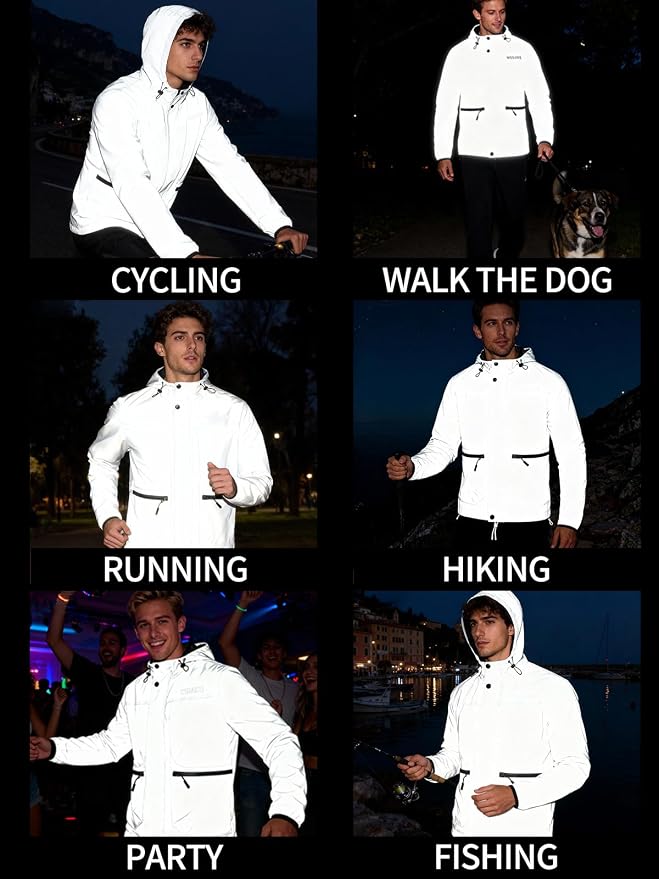 WOSAWE Men Reflective Jacket Night Glowing Bomber Jacket MTB Cycling Windbreaker Travel Sport Coat